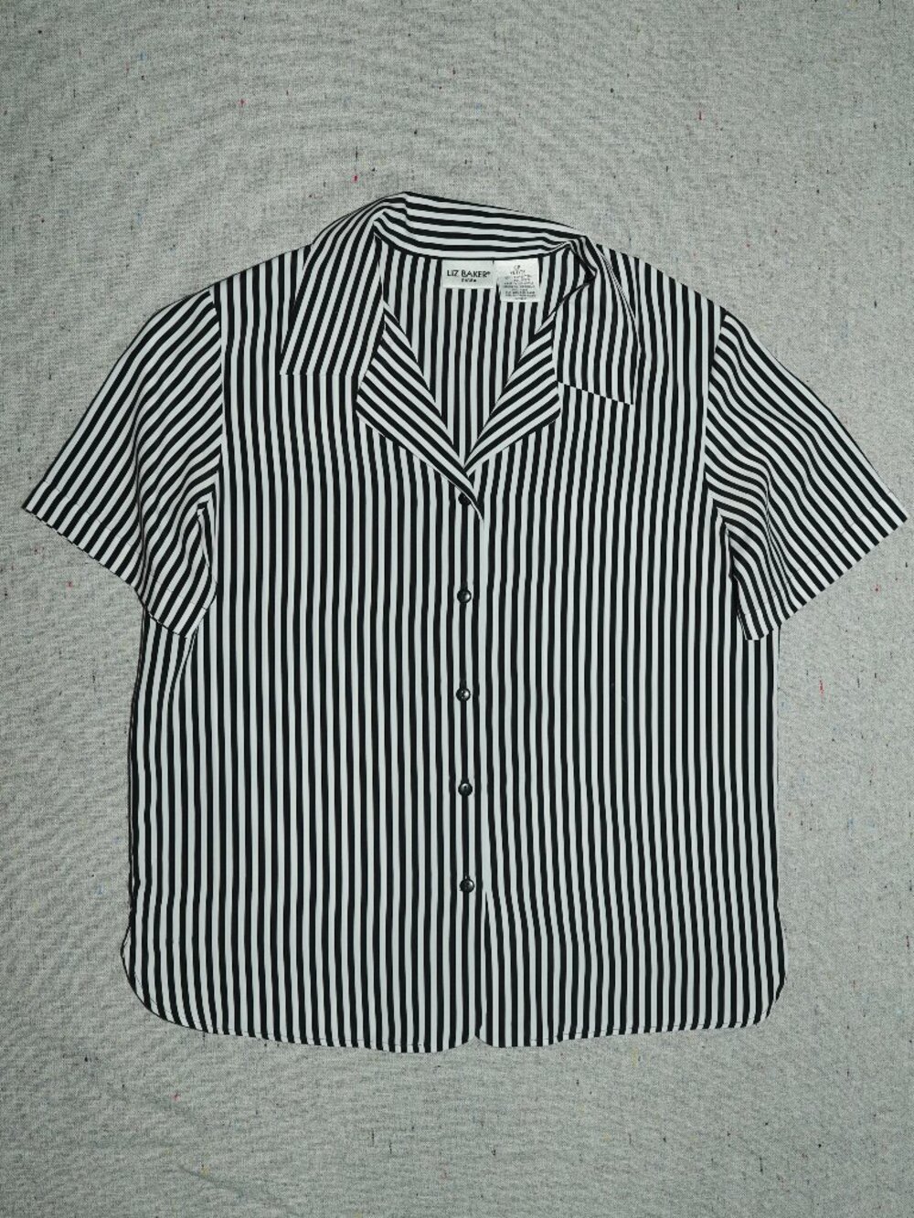 Black and White Stripe Liz Baker Short Sleeve Button Up Camp Collar